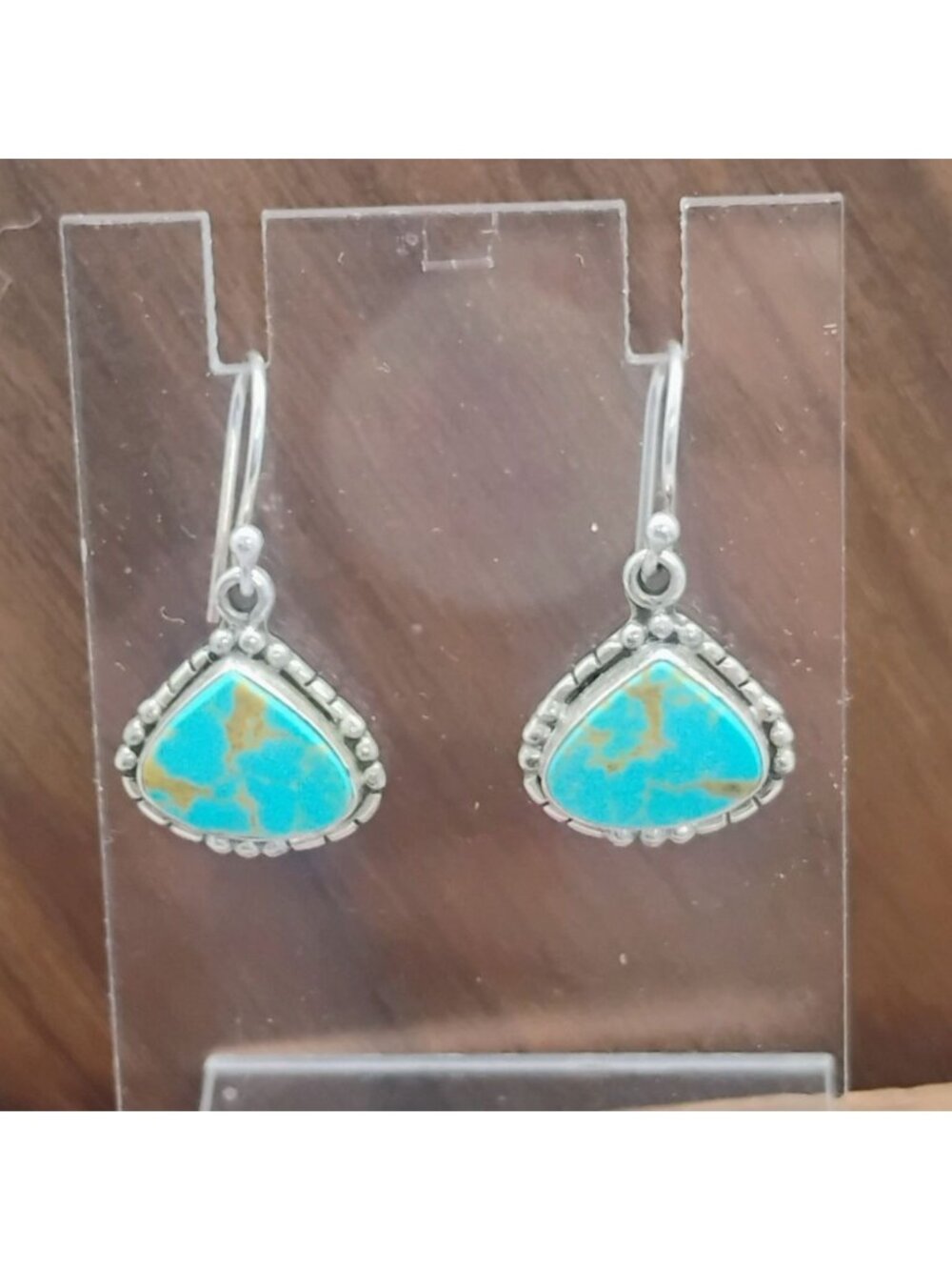 Artisan Handmade Sterling Silver Turquoise Dangle Earrings Triangle Teardrop - Picture 2 of 5